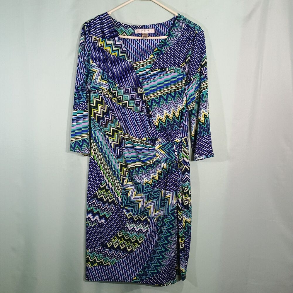 Women’s Blue Green Geometric Print Dress – 3/4 Sleeve Ruched Waist Midi Dress